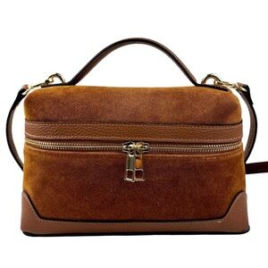 Brown Suede Top-Handle Satchel with Gold Hardware